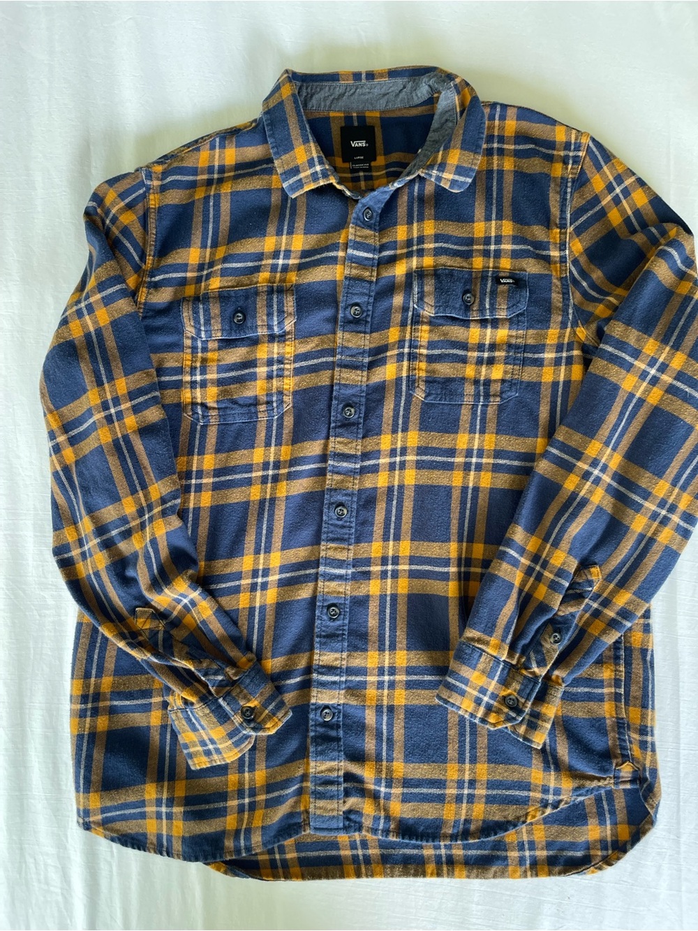 Vans Mens Classic Fit Flannel Shirt Blue Mustard Yellow Plaid Size Large